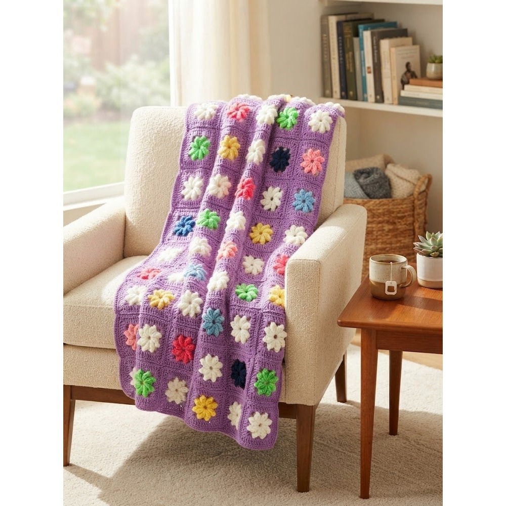 Vtg 70s Crochet Daisy Granny Square Afghan Blanket Purple 3D Flower Throw 39x33